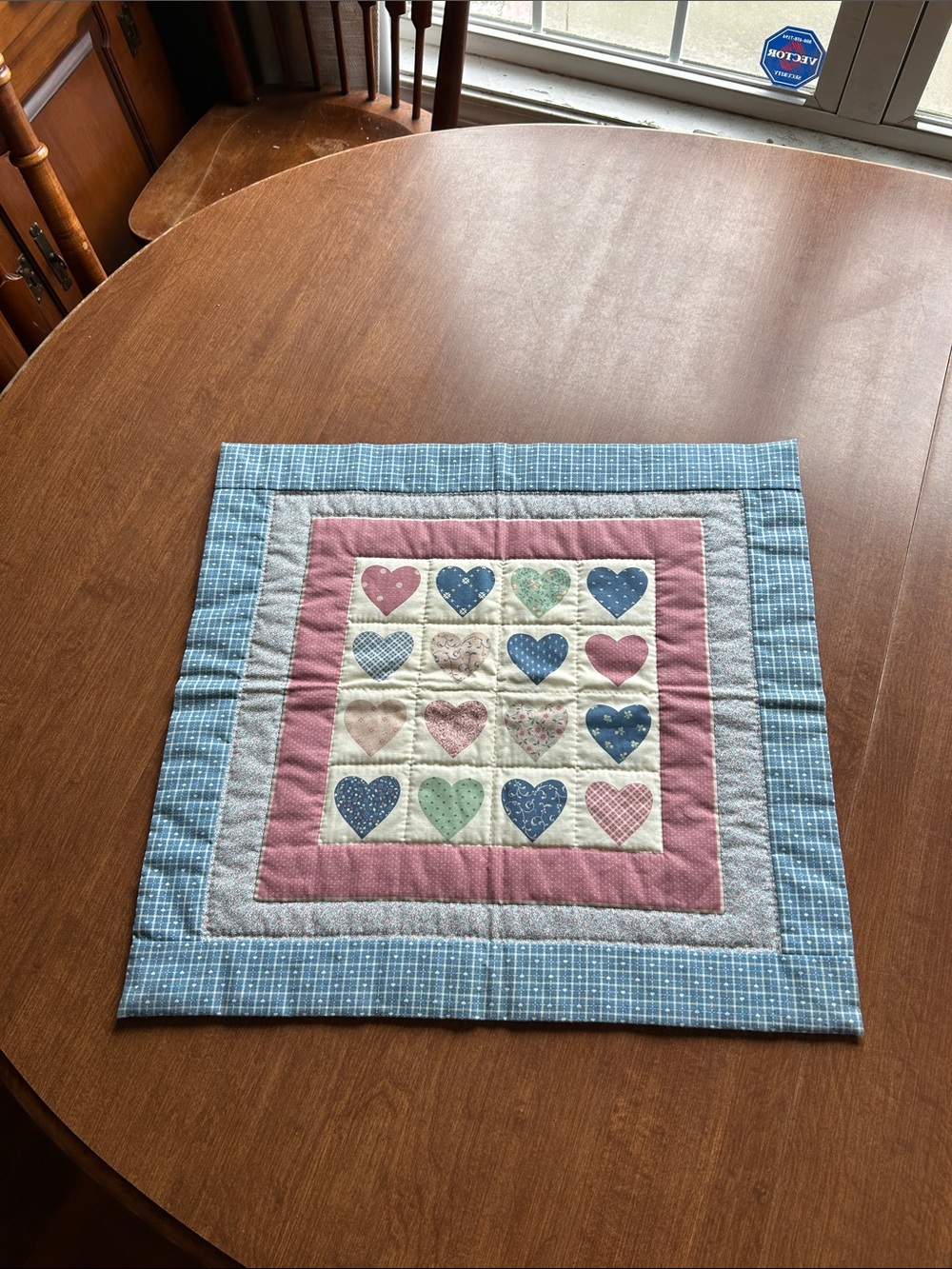 Handmade Heart Patchwork Quilt Square in Blue and Pink 1980s vintage